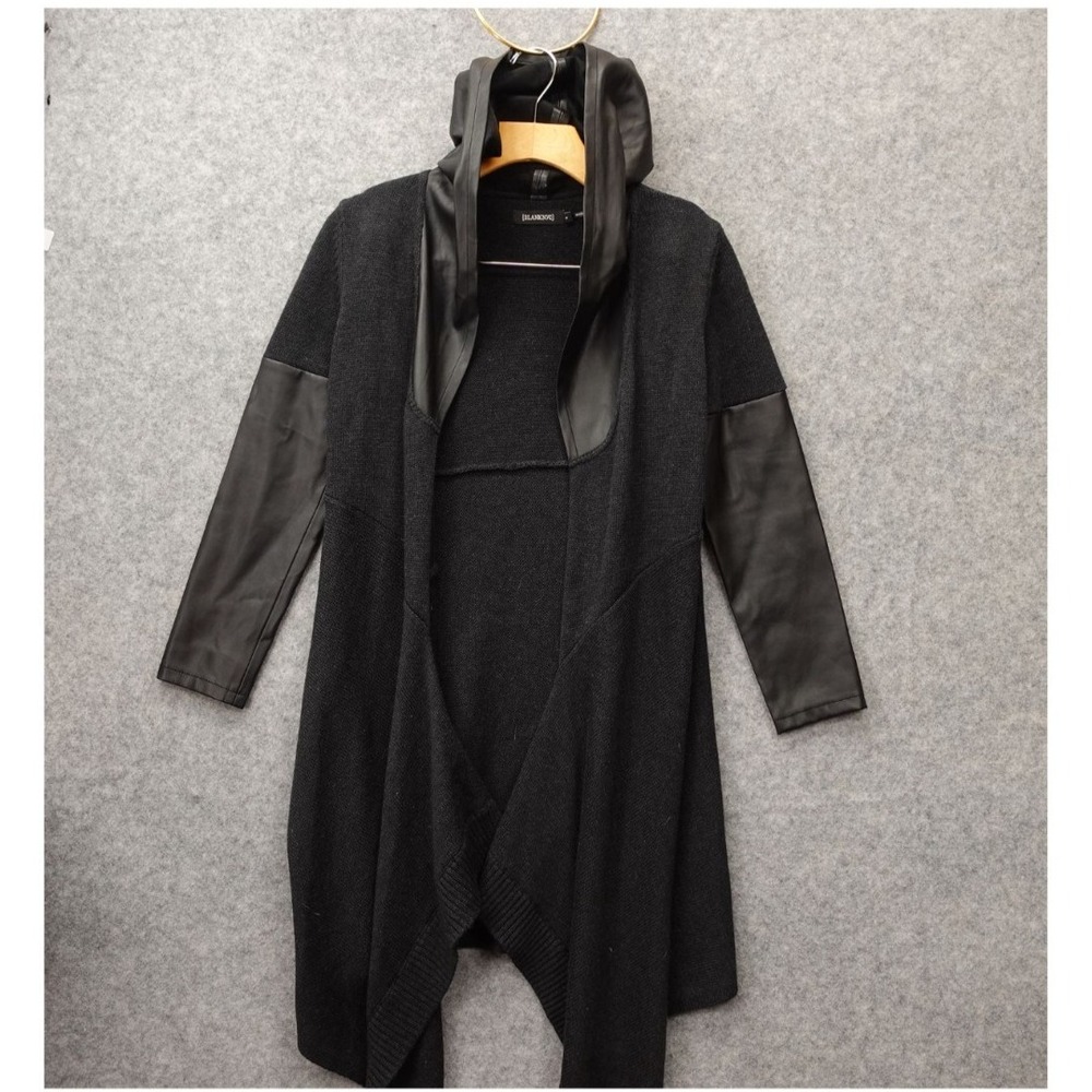 BLANK NYC Cardigan Hoodie Womens‎ S Black Handkerchief Draped Faux Leather